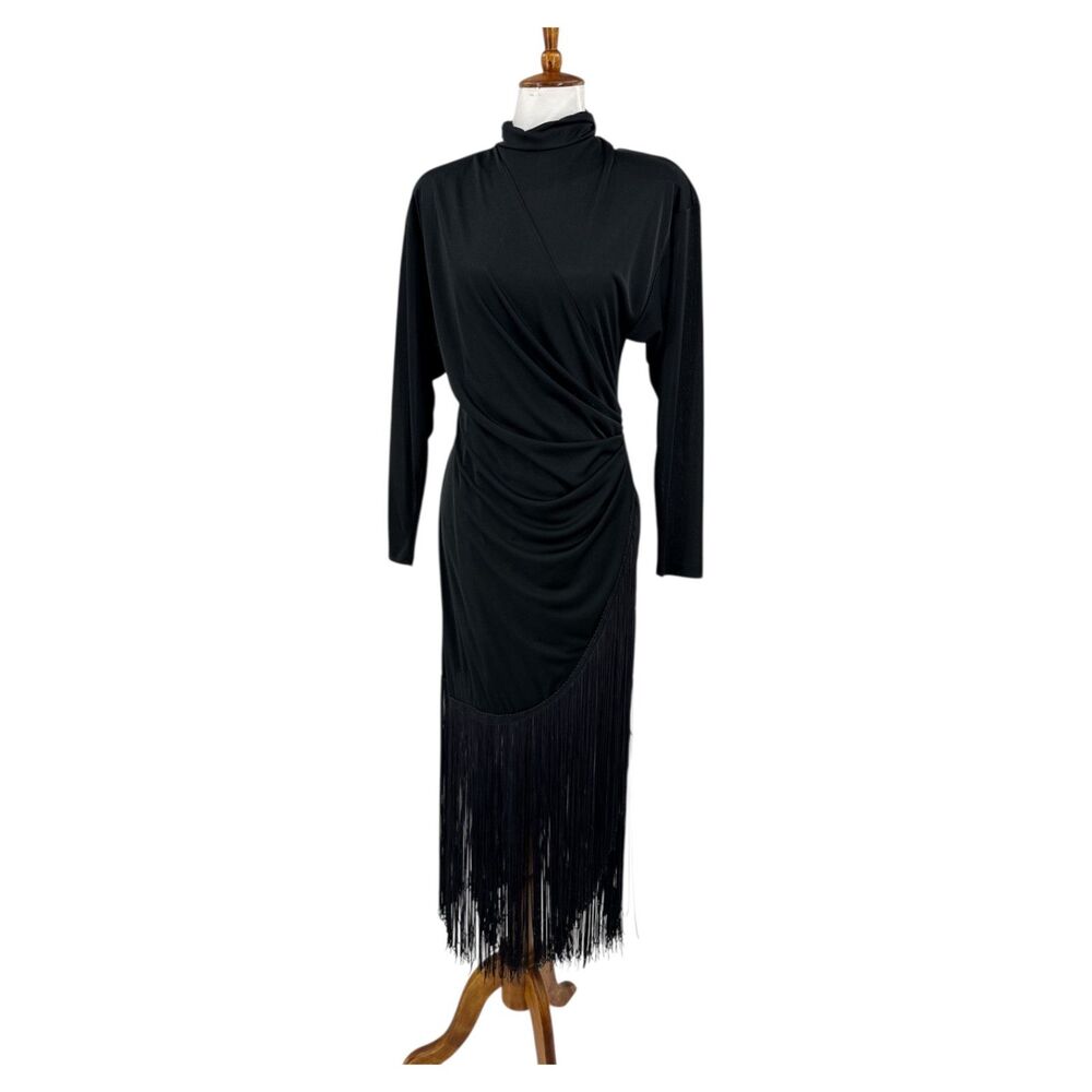 Cocktail Dress Black Fringe Long Sleeve Wrap womens Size 10 1980s